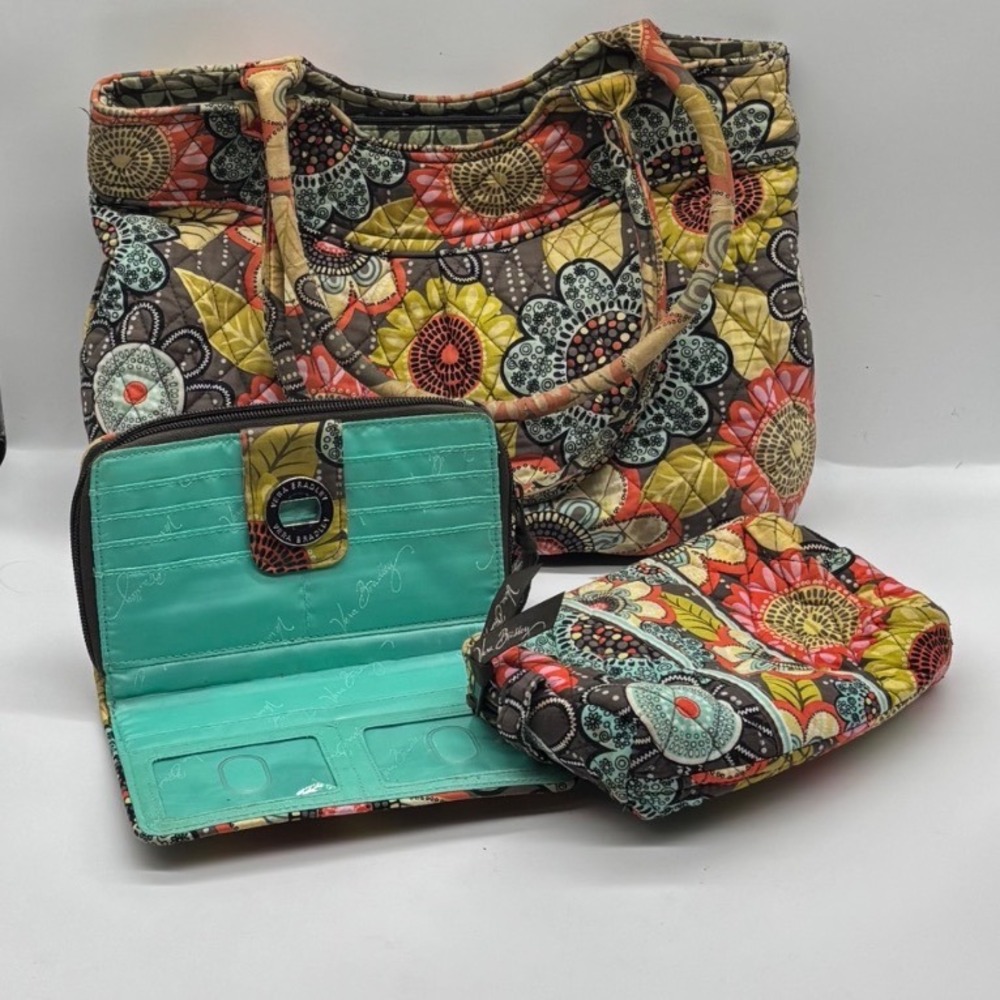Vera Bradley Mocha Rouge 3 Piece Set Tote Bag Wallet and Cosmetic Pouch Floral